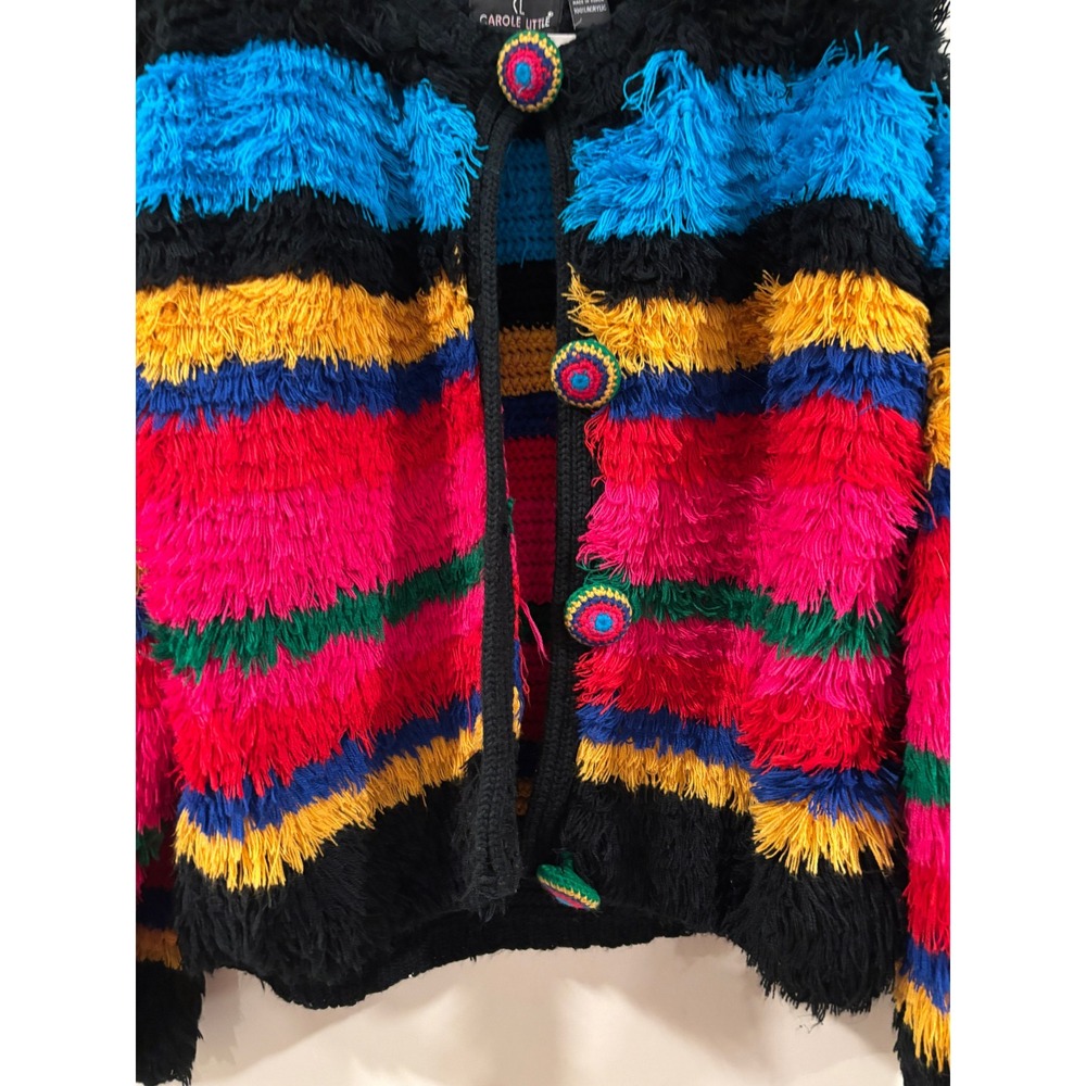 Carole Little Cardigan Multi-Color Striped Shaggy Eyelash Knit Crochet Buttons - Picture 3 of 8